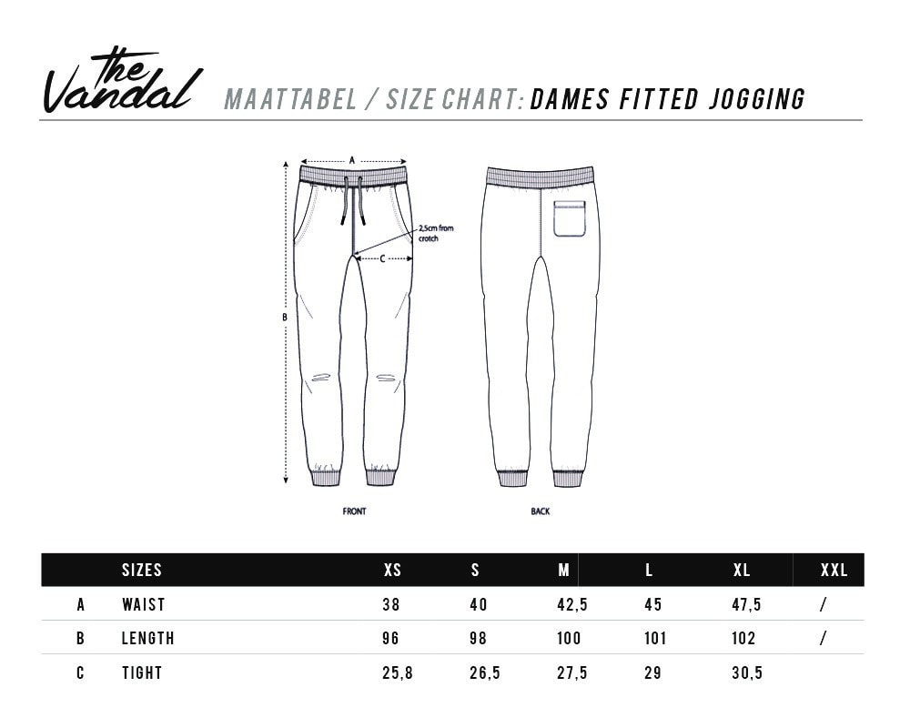 maattabel fitted jogging dames
